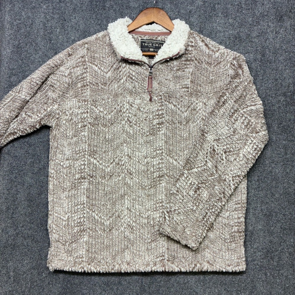 True Grit Pullover Fleece Mens XL Brown Frosty Tipped Pile 1/4 Zip Sherpa Collar